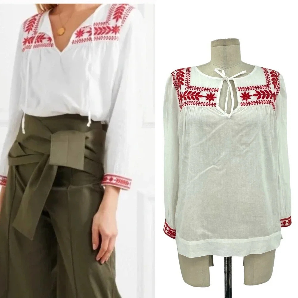 J. Crew Semolina Voile Embroidered Top White Red Size XXS